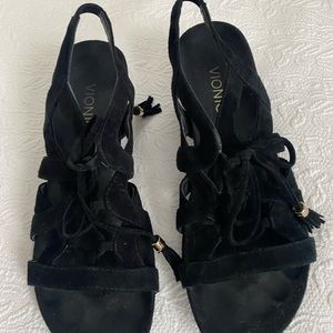 Vionic Kalie Comfort Suede Wedges Sandals, size 7.5. Color: Black